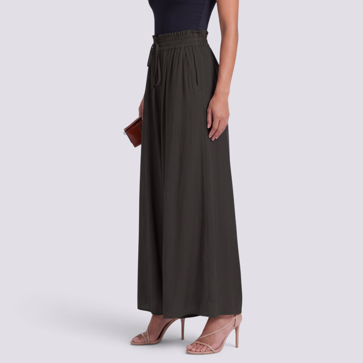 Pantalón Palazzo Mujer Cordón Ajustable - Negro - Vista Lateral