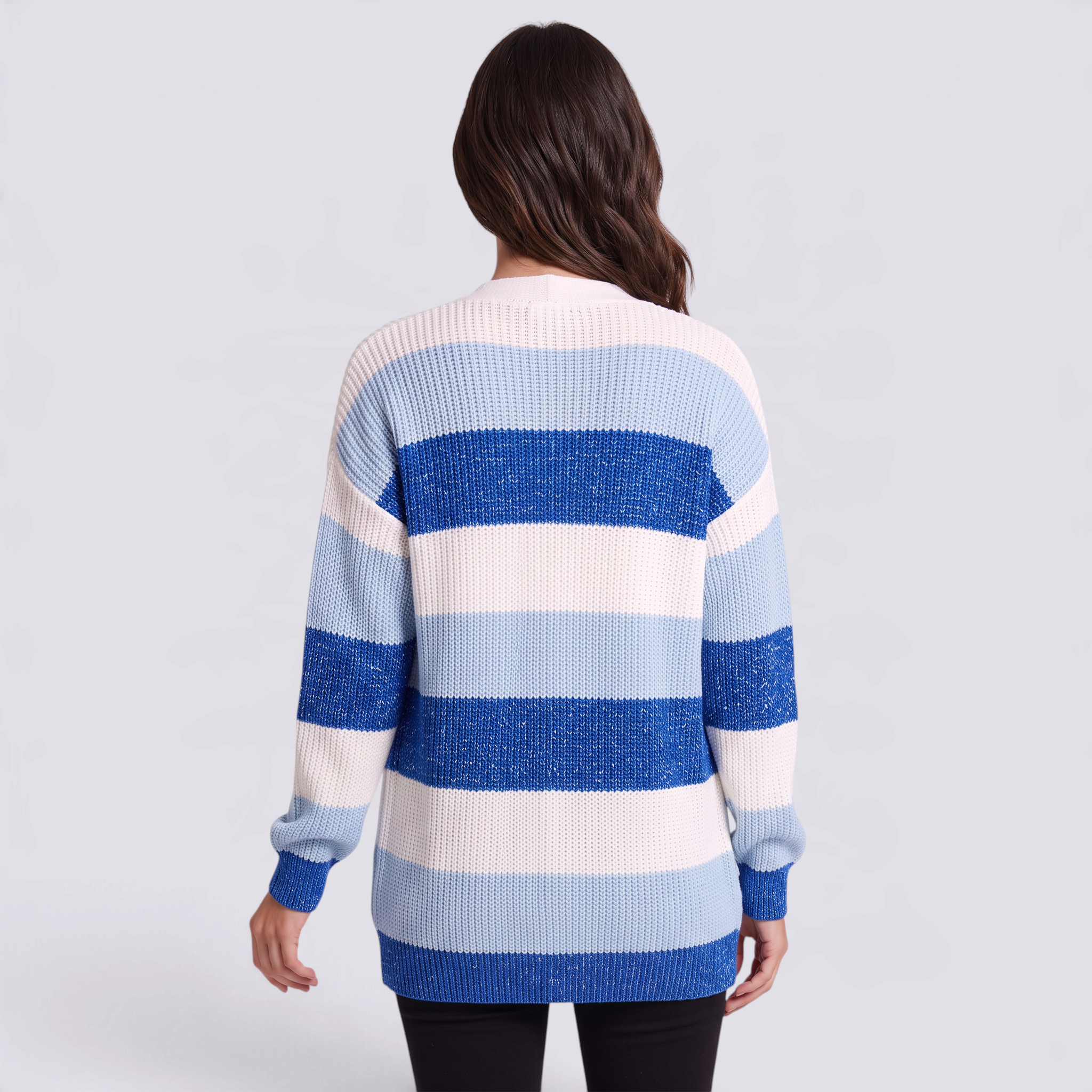 Cárdigan mujer de punto con rayas anchas y bolsillos en color azul, vista trasera