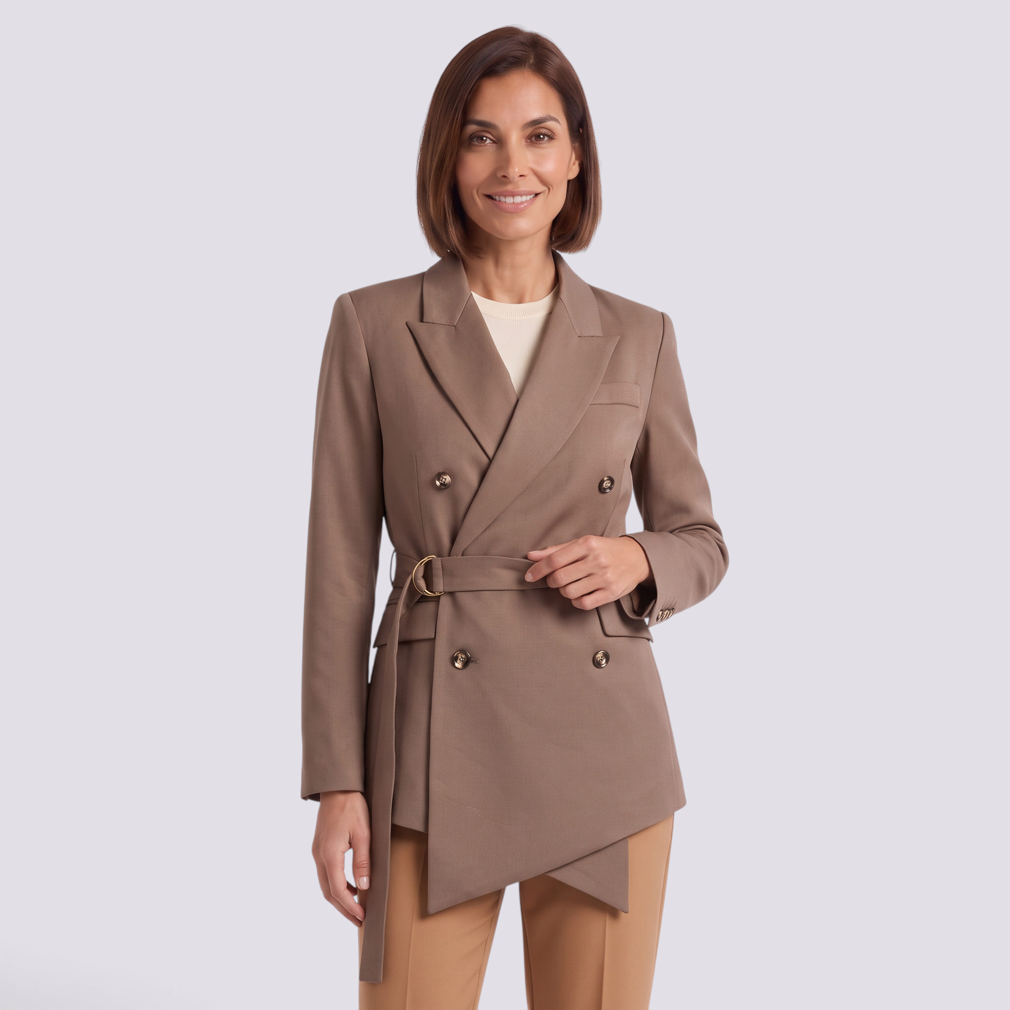 Chaqueta Mujer Cruzada Doble Botonadura con Cordones - Marrón - Frontal