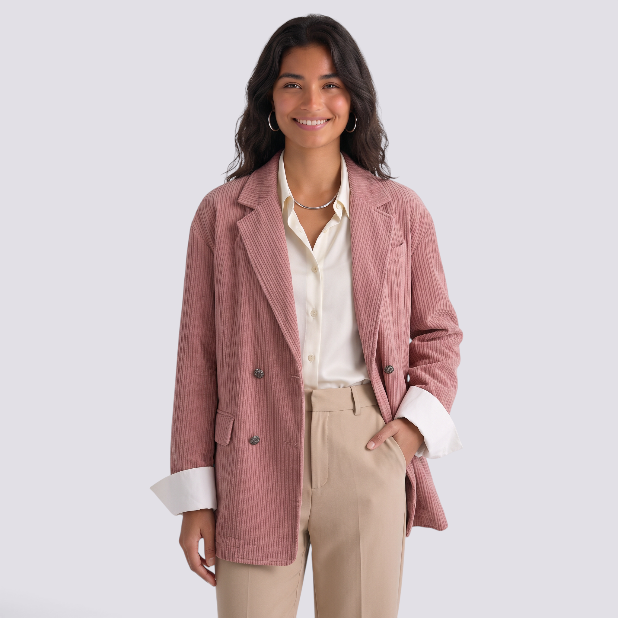 Chaqueta Cruzada Pana Mujer Oversize - Rosa - Frontal