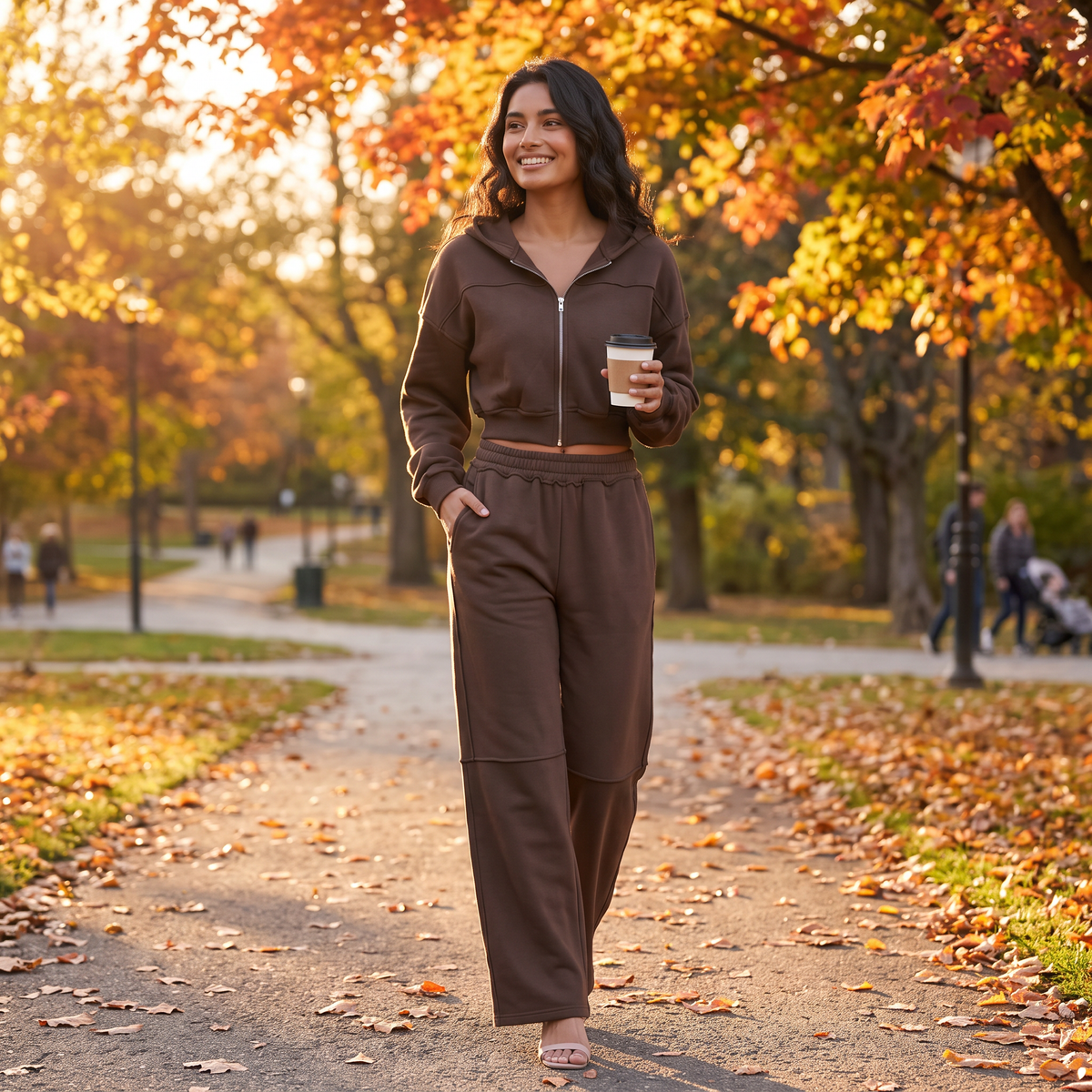 Conjunto Chaqueta Corta Capucha Mujer - Marrón - lifestyle