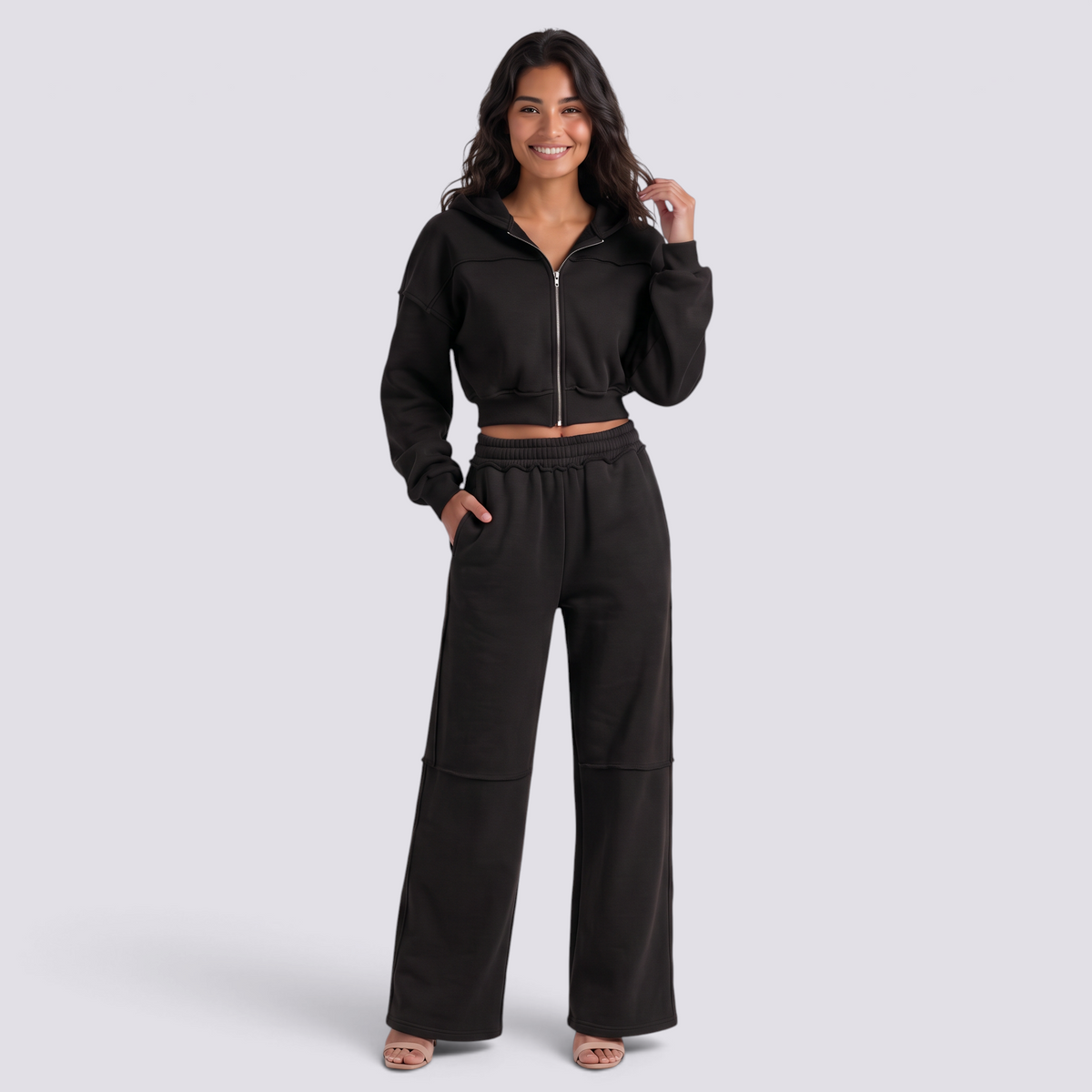 Conjunto Chaqueta Corta Capucha Mujer - Negro - front