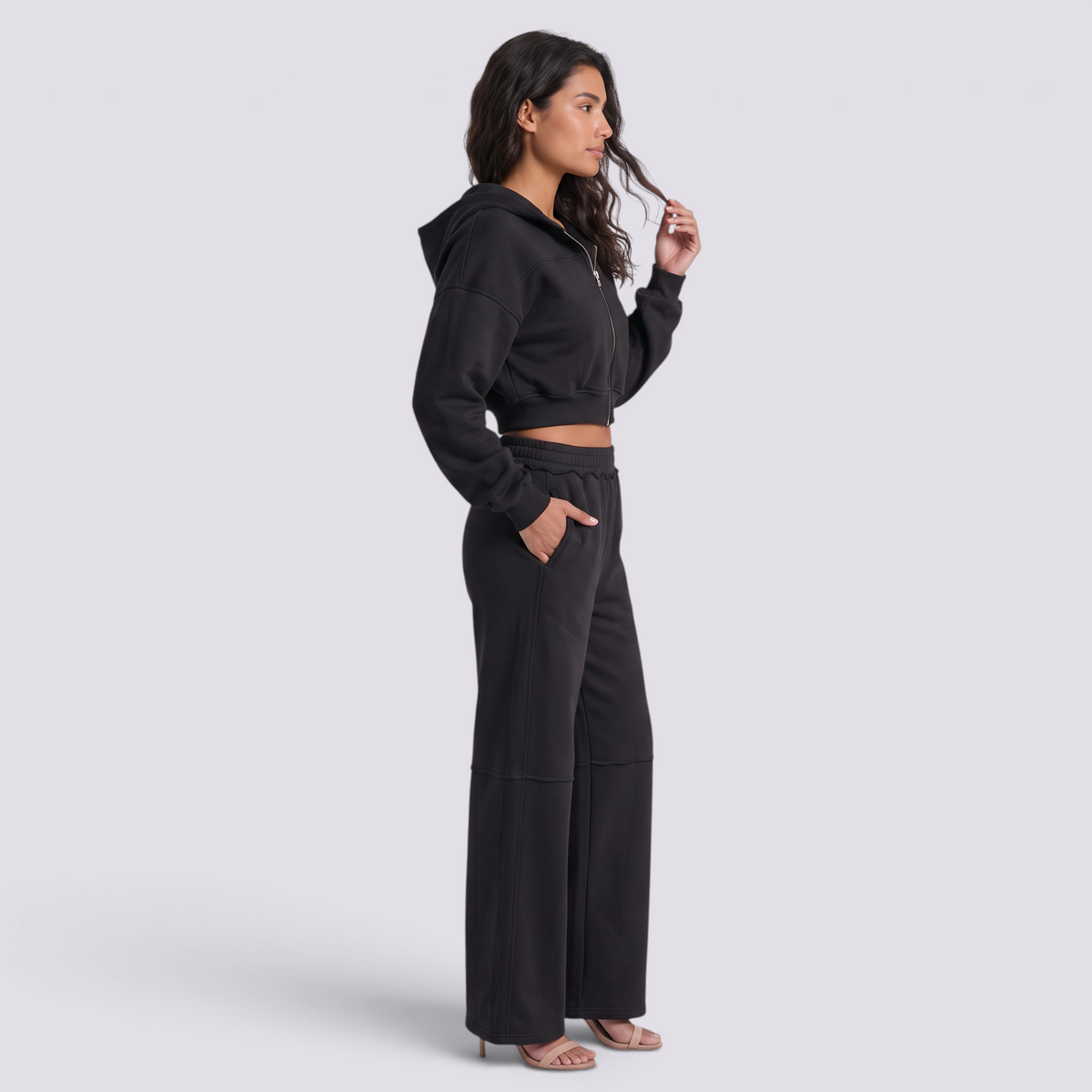 Conjunto Chaqueta Corta Capucha Mujer - Negro - side