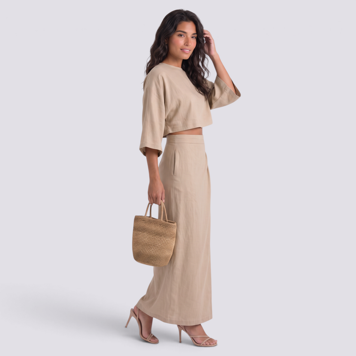 Conjunto Top Cropped y Falda Larga Cintura Alta Mujer - Albaricoque - side