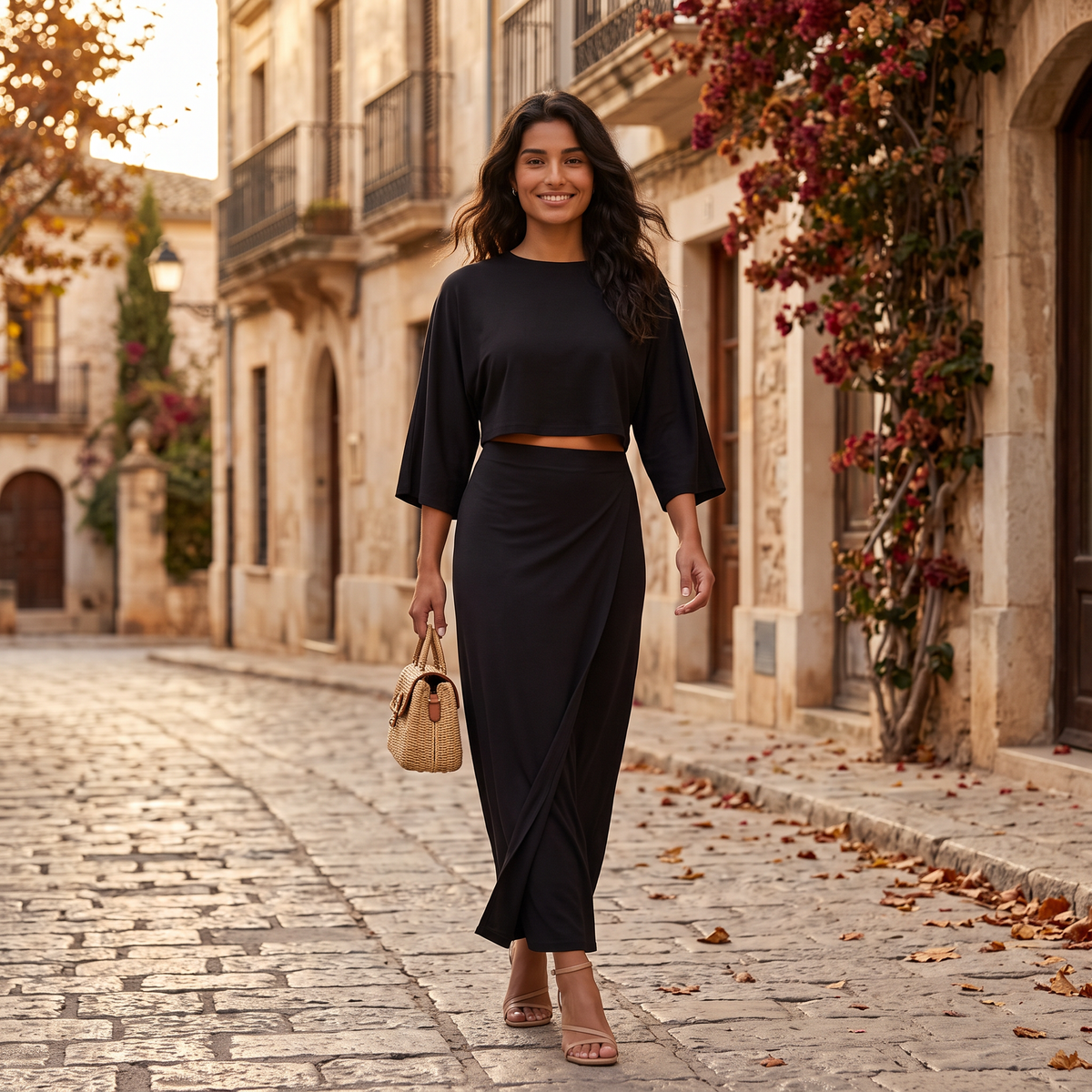Conjunto Top Cropped y Falda Larga Cintura Alta Mujer - lifestyle