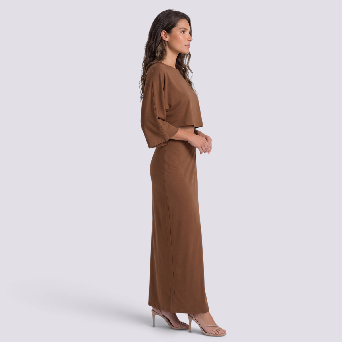 Conjunto Top Cropped y Falda Larga Cintura Alta Mujer - Marrón - side
