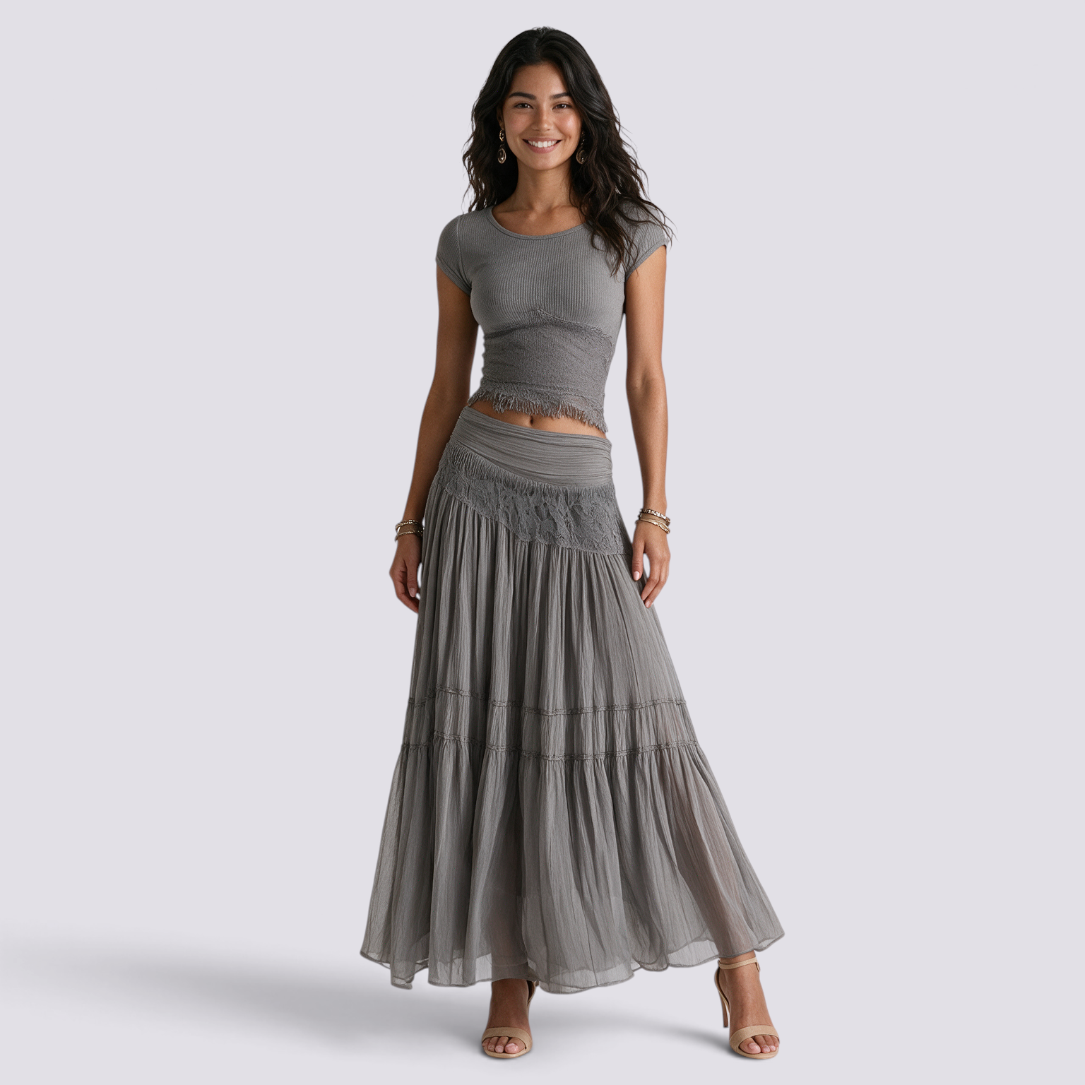 Conjunto Top Canalé y Falda Larga Plisada Mujer - Gris - front