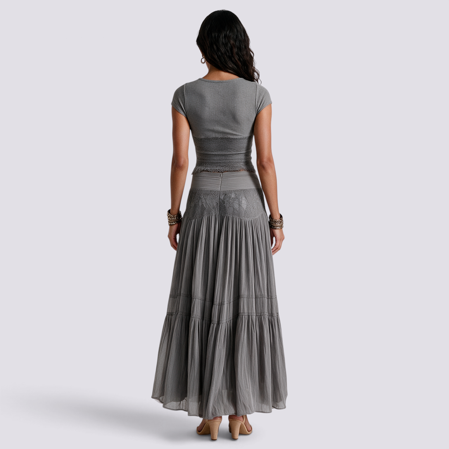 Conjunto Top Canalé y Falda Larga Plisada Mujer - Gris - back