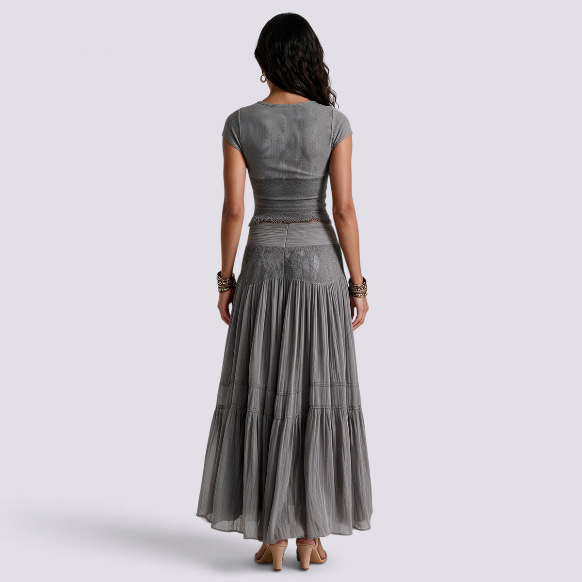 Conjunto Top Canalé y Falda Larga Plisada Mujer - Gris - back