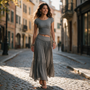 Conjunto Top Canalé y Falda Larga Plisada Mujer - lifestyle