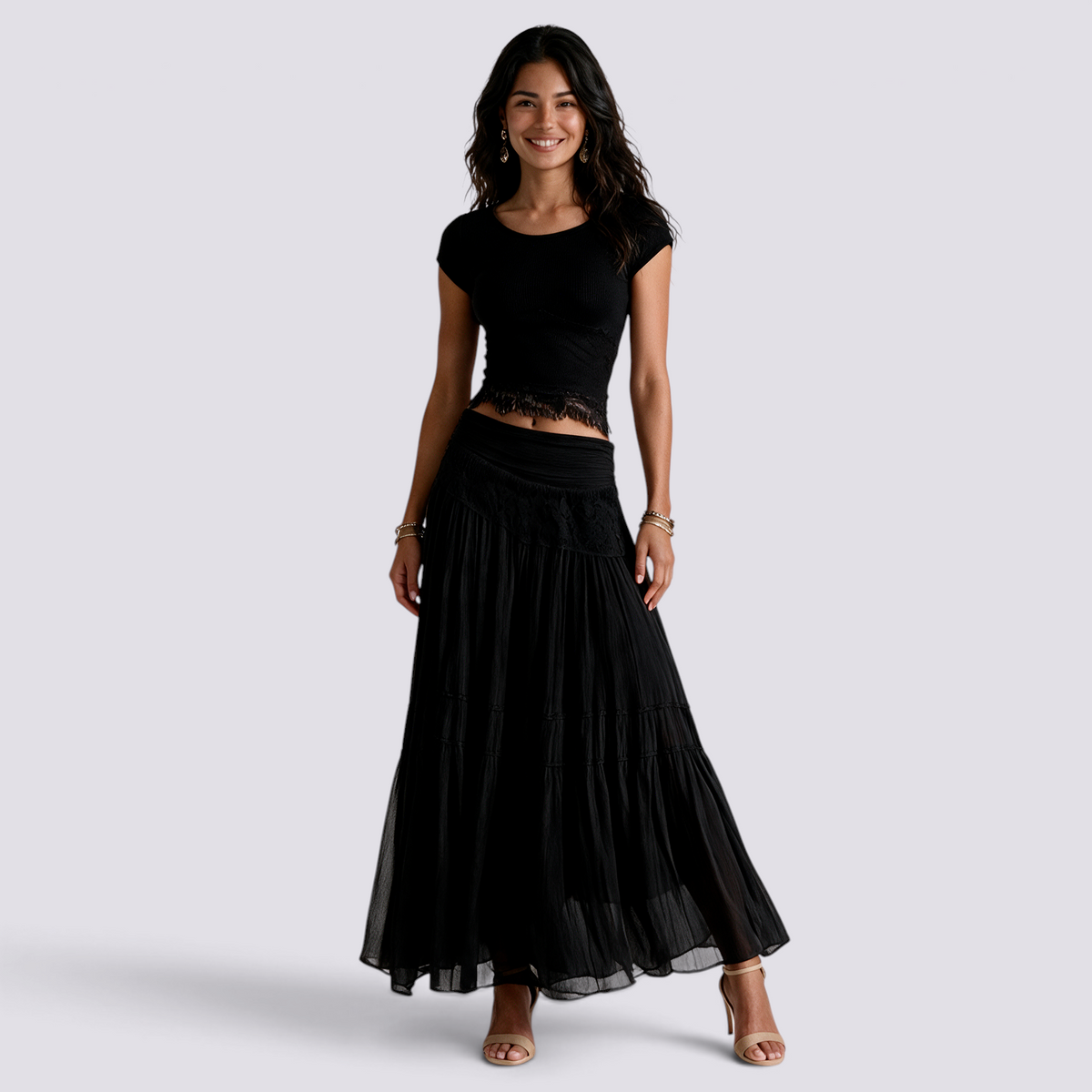 Conjunto Top Canalé y Falda Larga Plisada Mujer - Negro - front