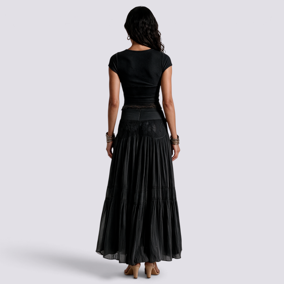 Conjunto Top Canalé y Falda Larga Plisada Mujer - Negro - back