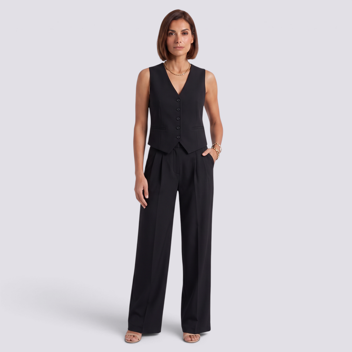 Conjunto chaleco sastre y pantalon palazzo mujer, negro, vista frontal