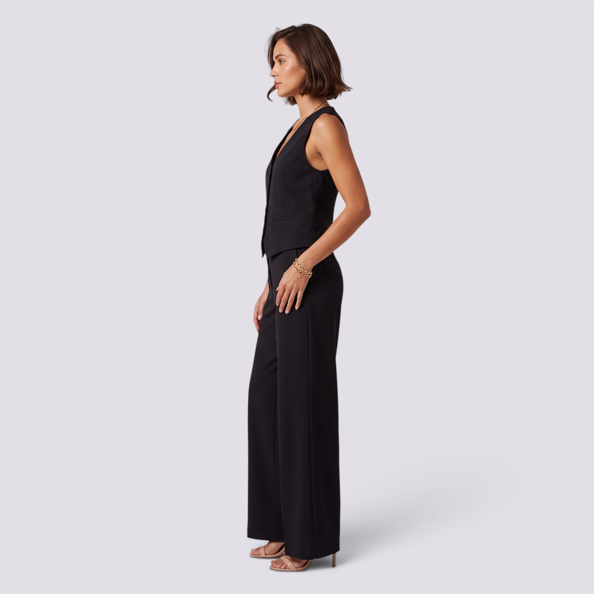 Conjunto chaleco sastre y pantalon palazzo mujer, negro, vista lateral