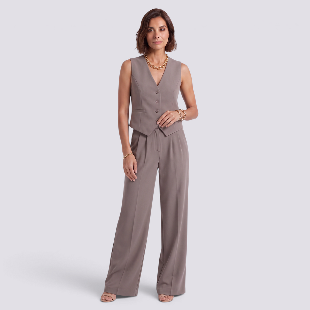 Conjunto chaleco sastre y pantalon palazzo mujer, gris claro, vista frontal