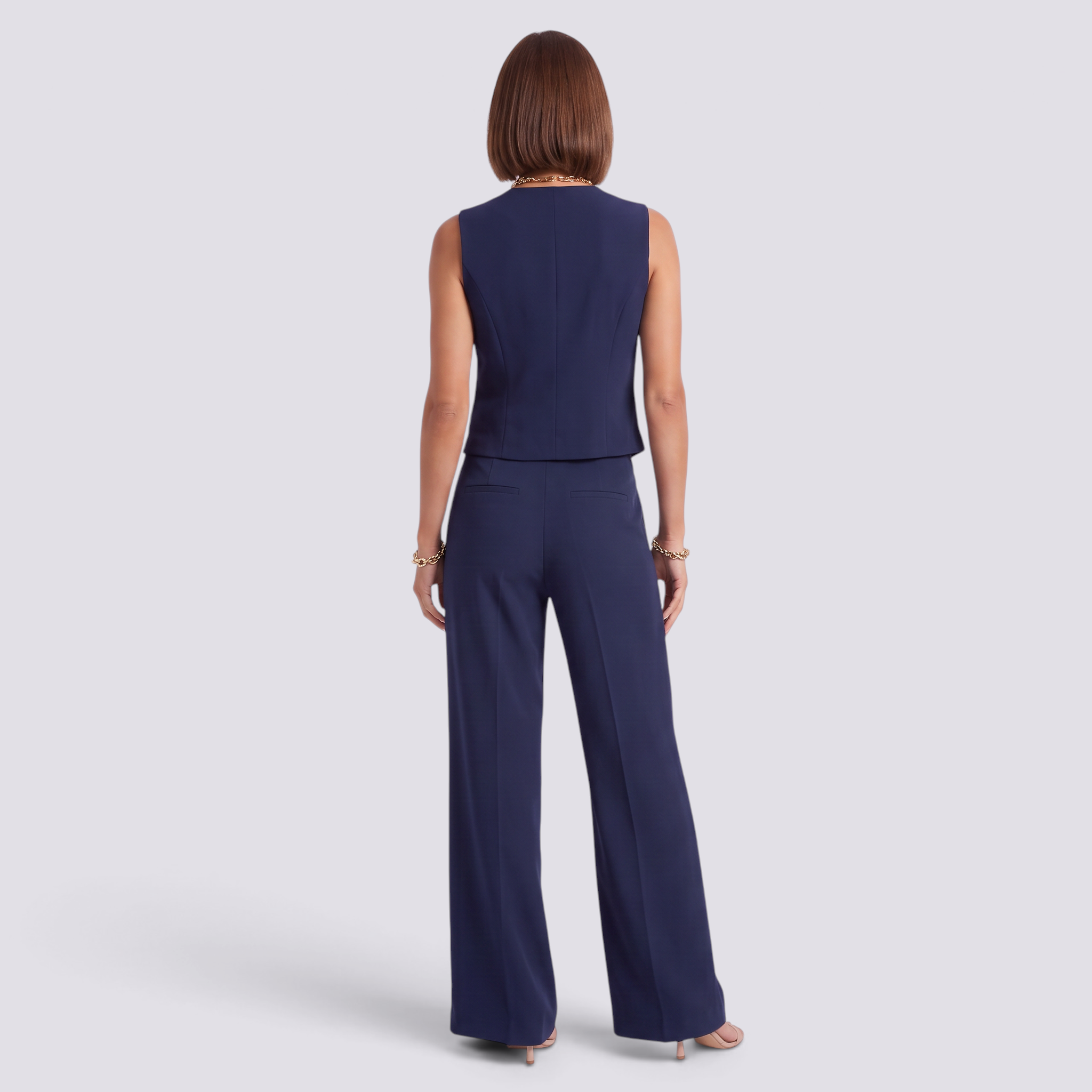 Conjunto chaleco sastre y pantalon palazzo mujer, azul marino, vista posterior