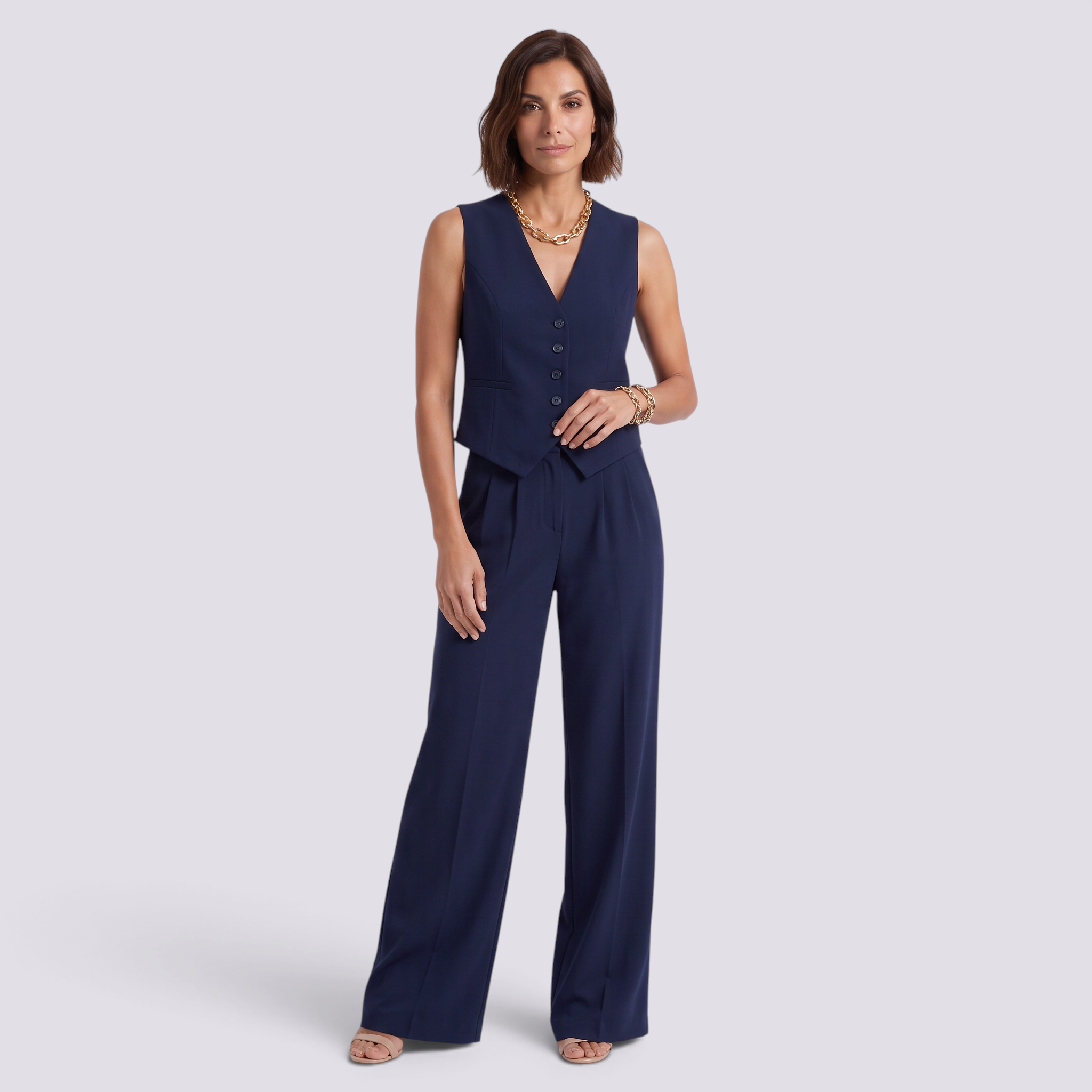 Conjunto chaleco sastre y pantalon palazzo mujer, azul marino, vista frontal