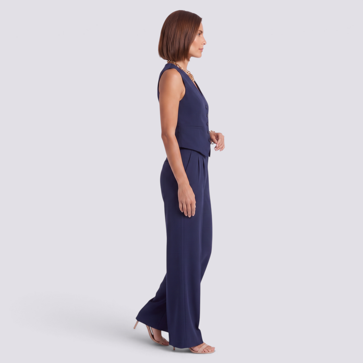 Conjunto chaleco sastre y pantalon palazzo mujer, azul marino, vista lateral