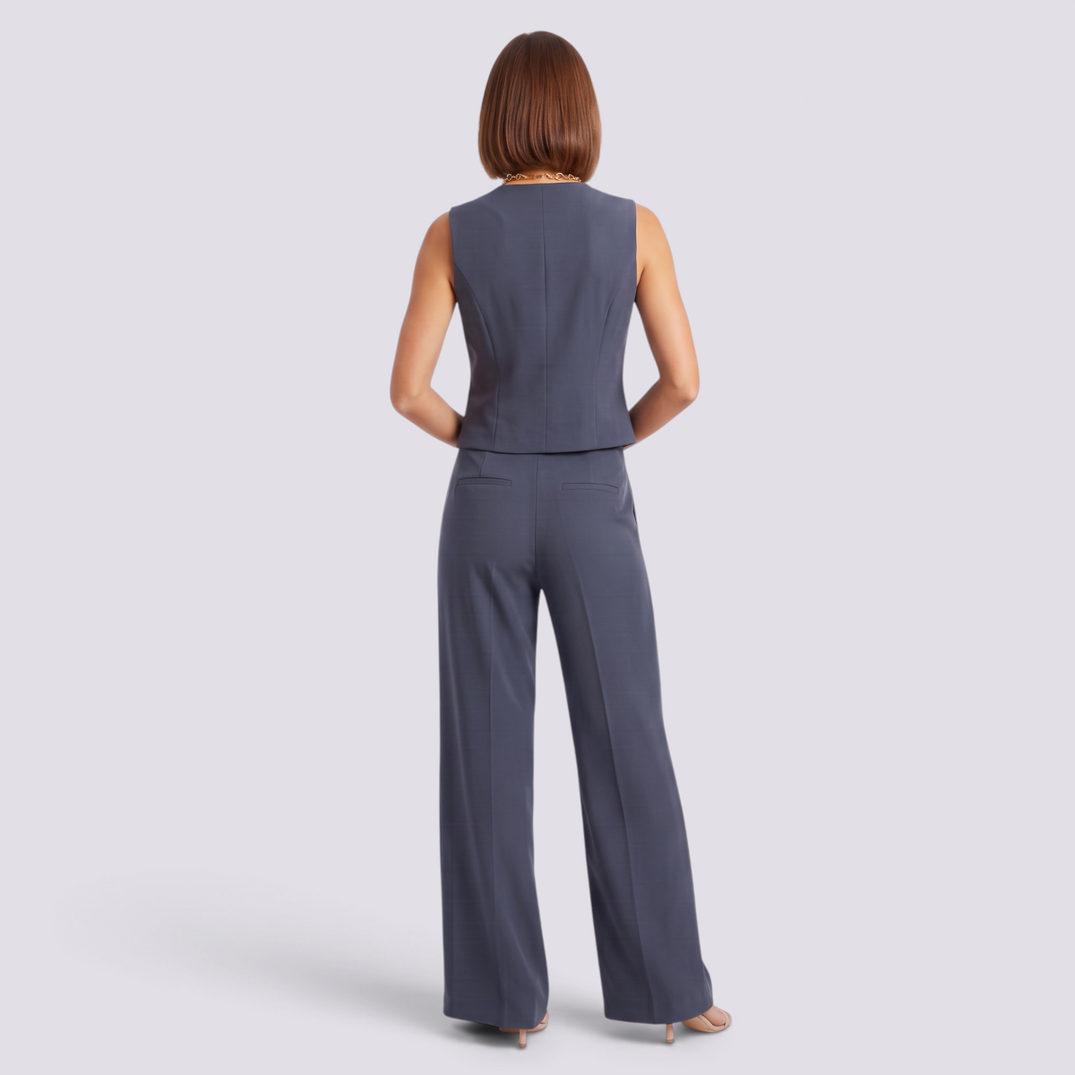 Conjunto chaleco sastre y pantalon palazzo mujer, gris pizarra, vista posterior