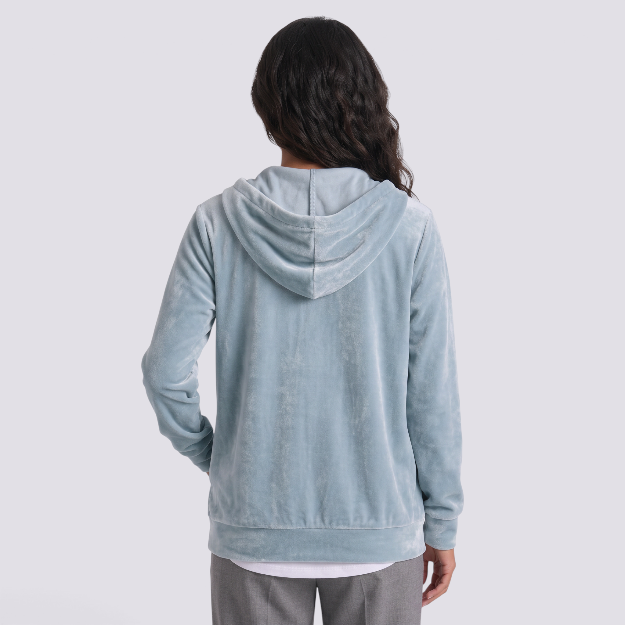 Cárdigan Mujer Terciopelo con Capucha - Azul Claro - Vista trasera