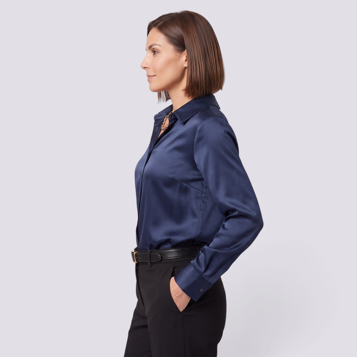 Camisa Satinada Mujer Cuello Camisero - Azul Marino - Lateral