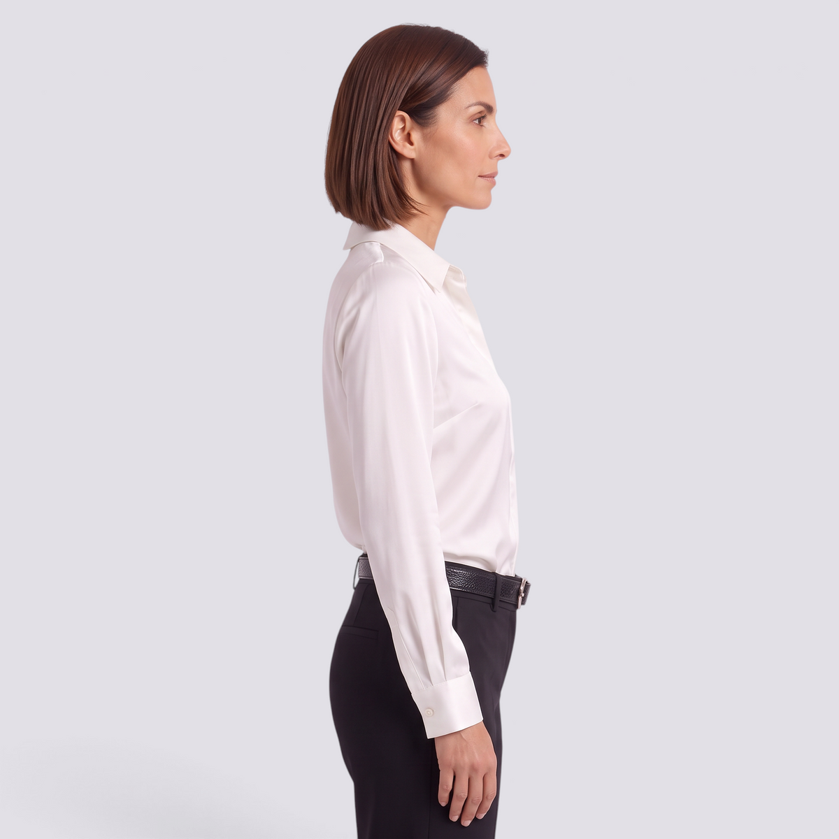 Camisa Satinada Mujer Cuello Camisero - Blanco - Lateral