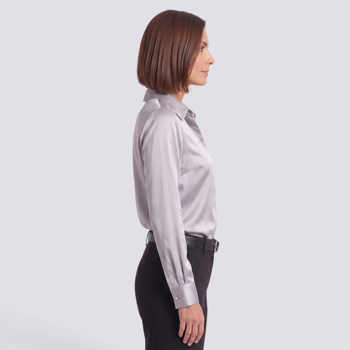 Camisa Satinada Mujer Cuello Camisero - Gris - Lateral