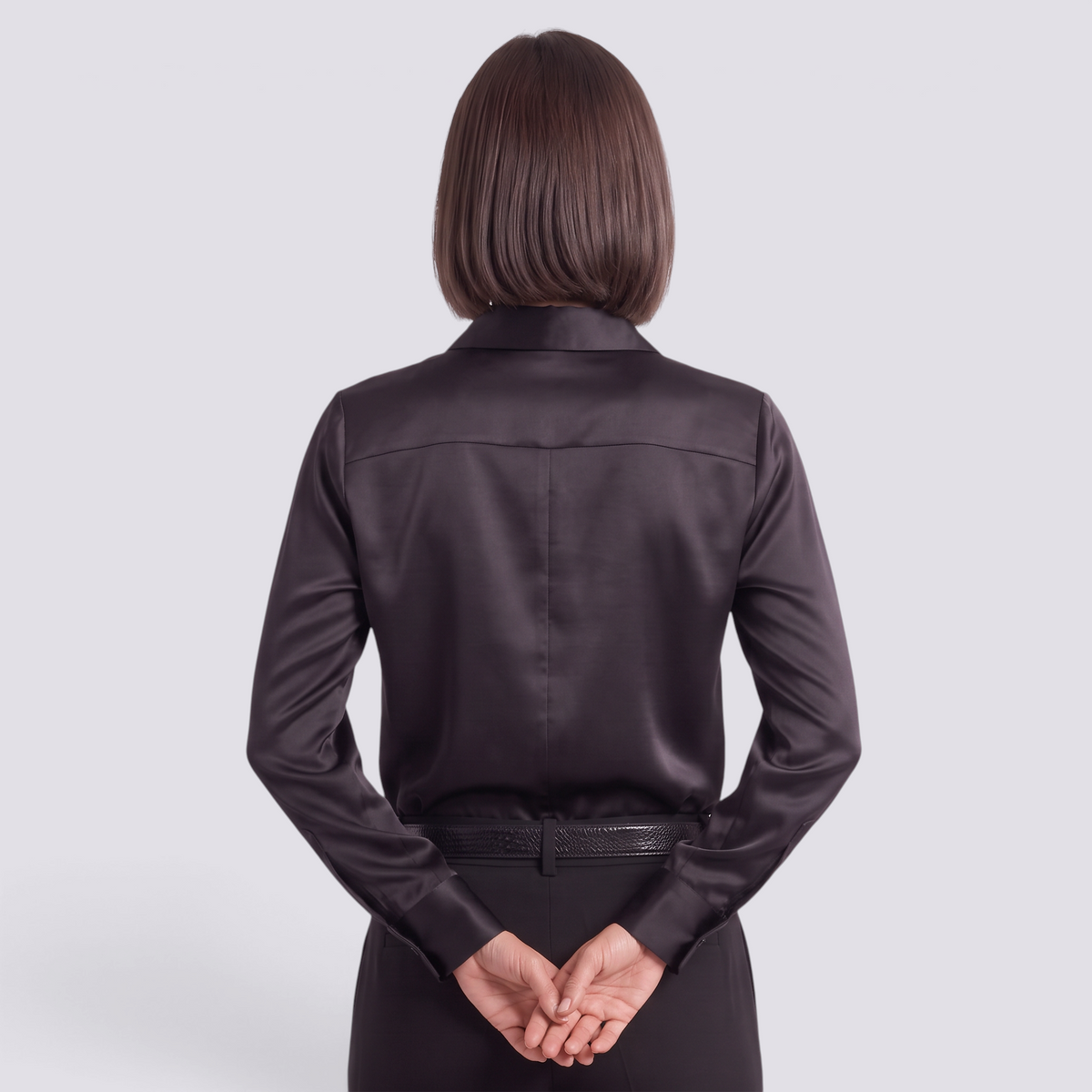 Camisa Satinada Mujer Cuello Camisero - Negro - Espalda