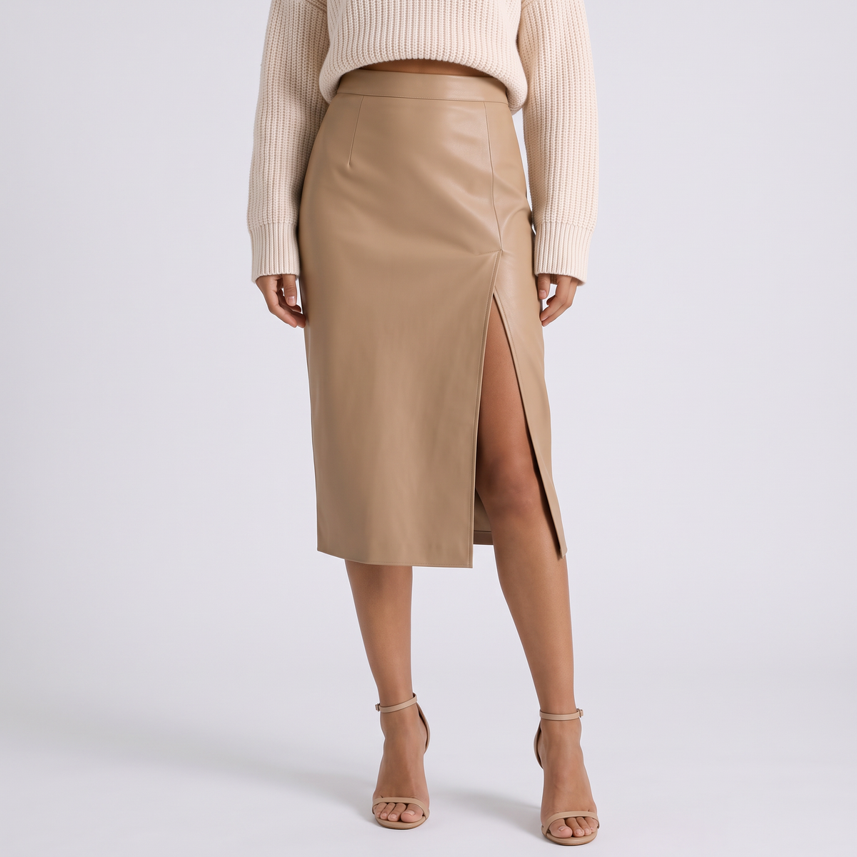 Falda Midi Mujer Abertura Frontal - Caqui - Frontal