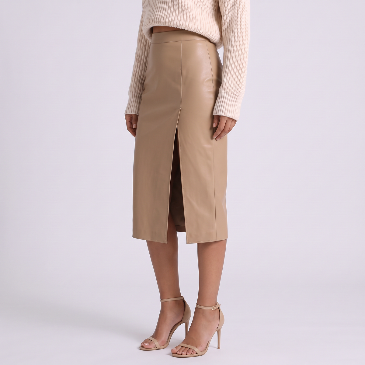 Falda Midi Mujer Abertura Frontal - Caqui - Lateral