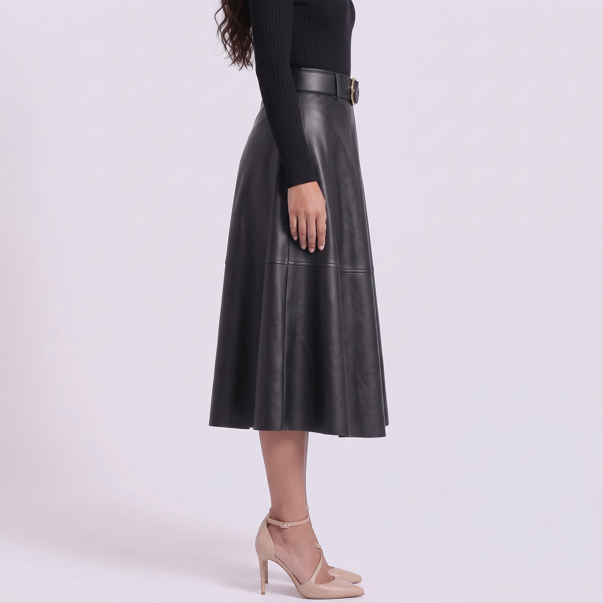 Falda Plisada Mujer Cintura Alta - Negro - Lateral