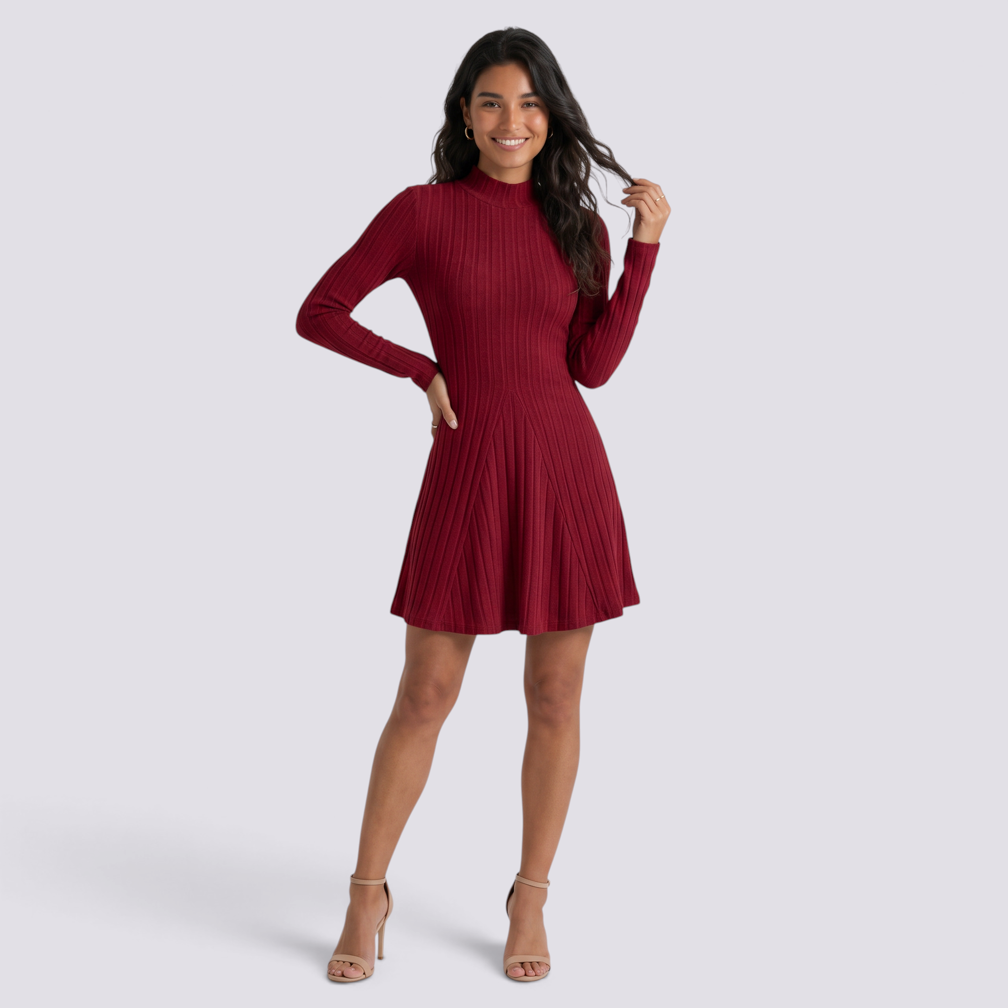 Vestido Canalé Cintura Marcada Mujer - Burdeos - Frente