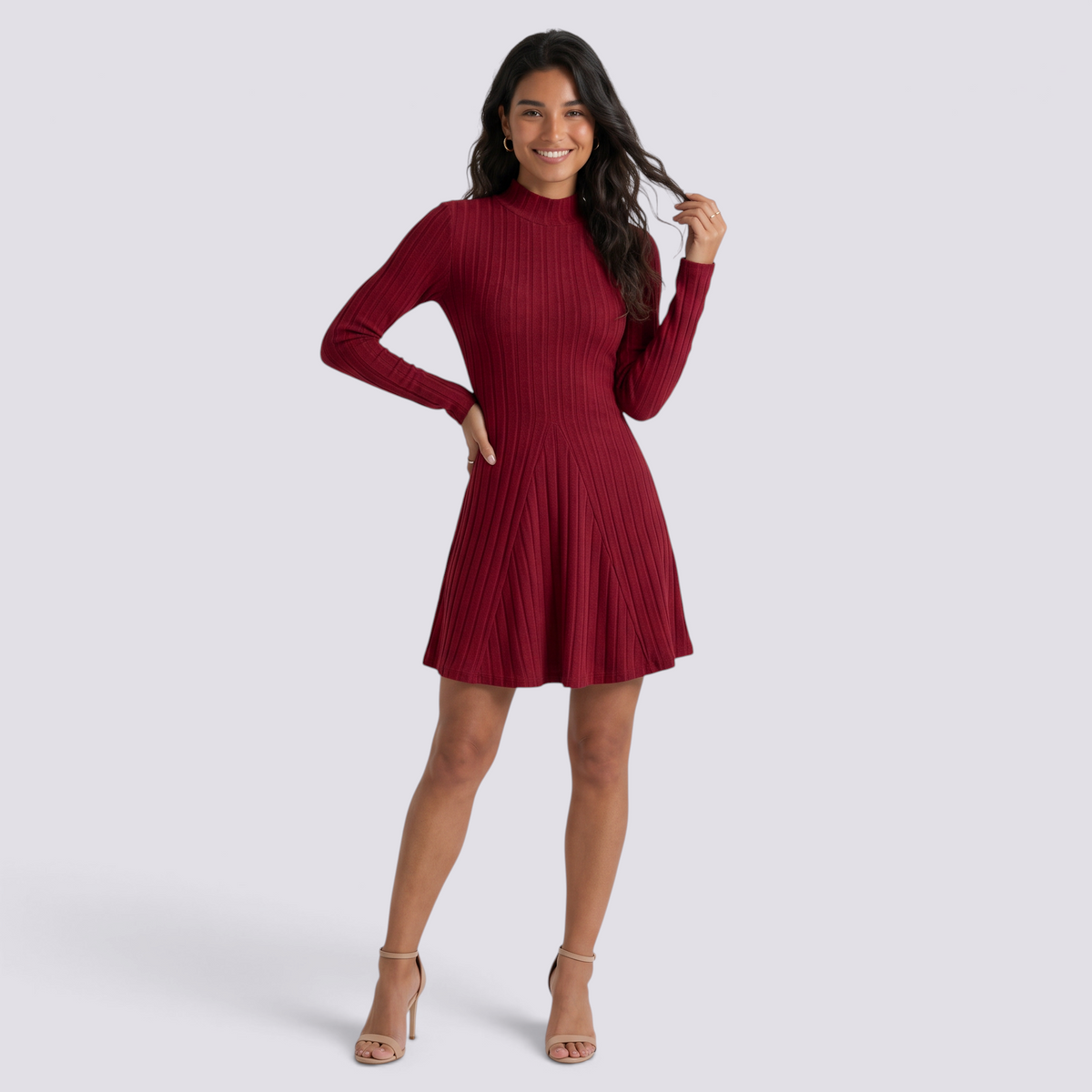 Vestido Canalé Cintura Marcada Mujer - Burdeos - Frente