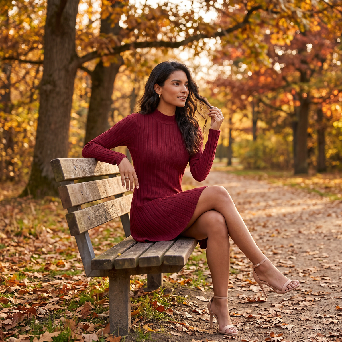 Vestido Canalé Cintura Marcada Mujer - Burdeos - Lifestyle