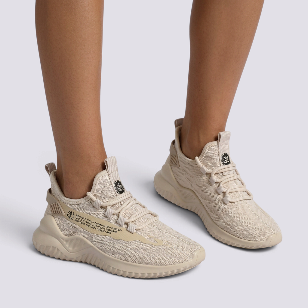 Zapatillas deportivas mujer de punto ligeras beige, vista frontal