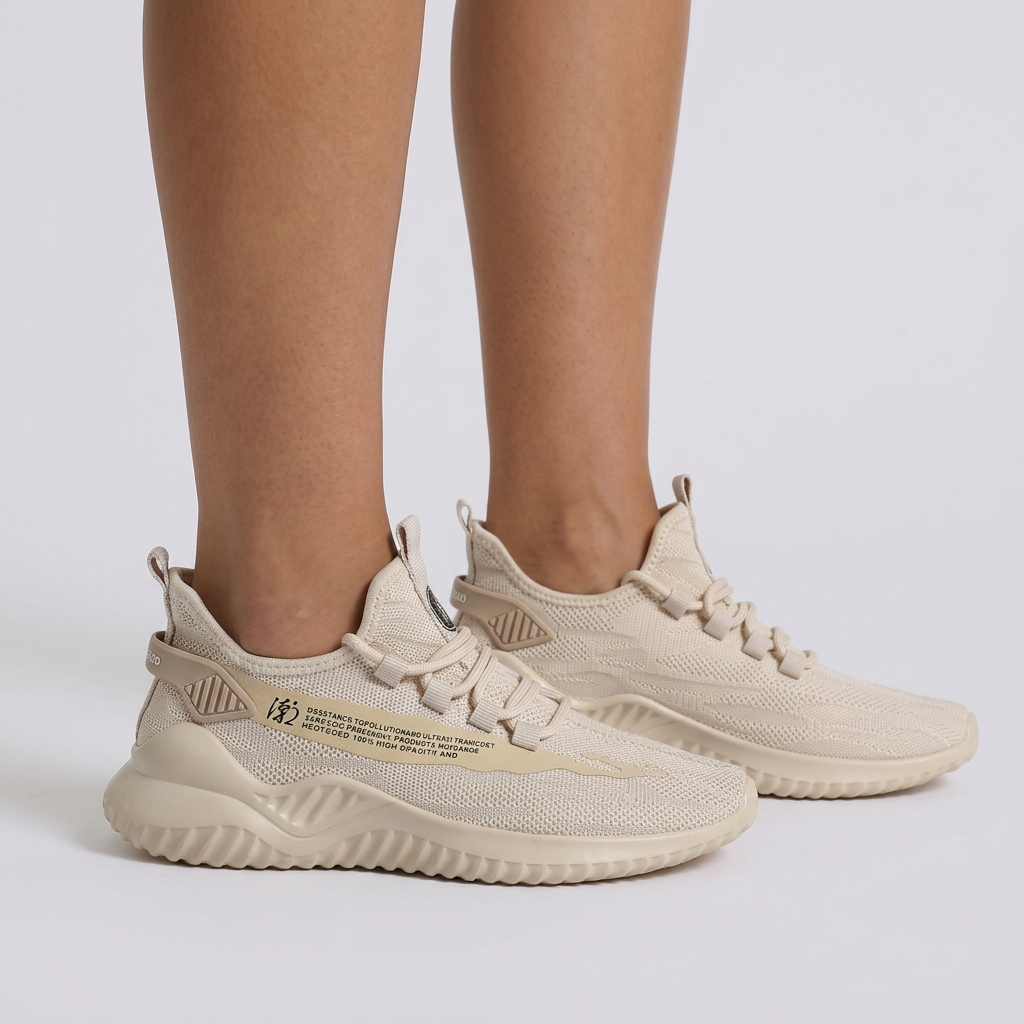 Zapatillas deportivas mujer de punto ligeras beige, vista lateral