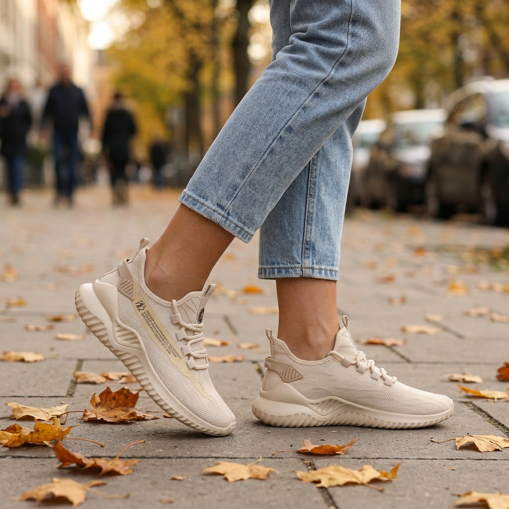 Zapatillas deportivas mujer de punto ligeras en la ciudad en otoño