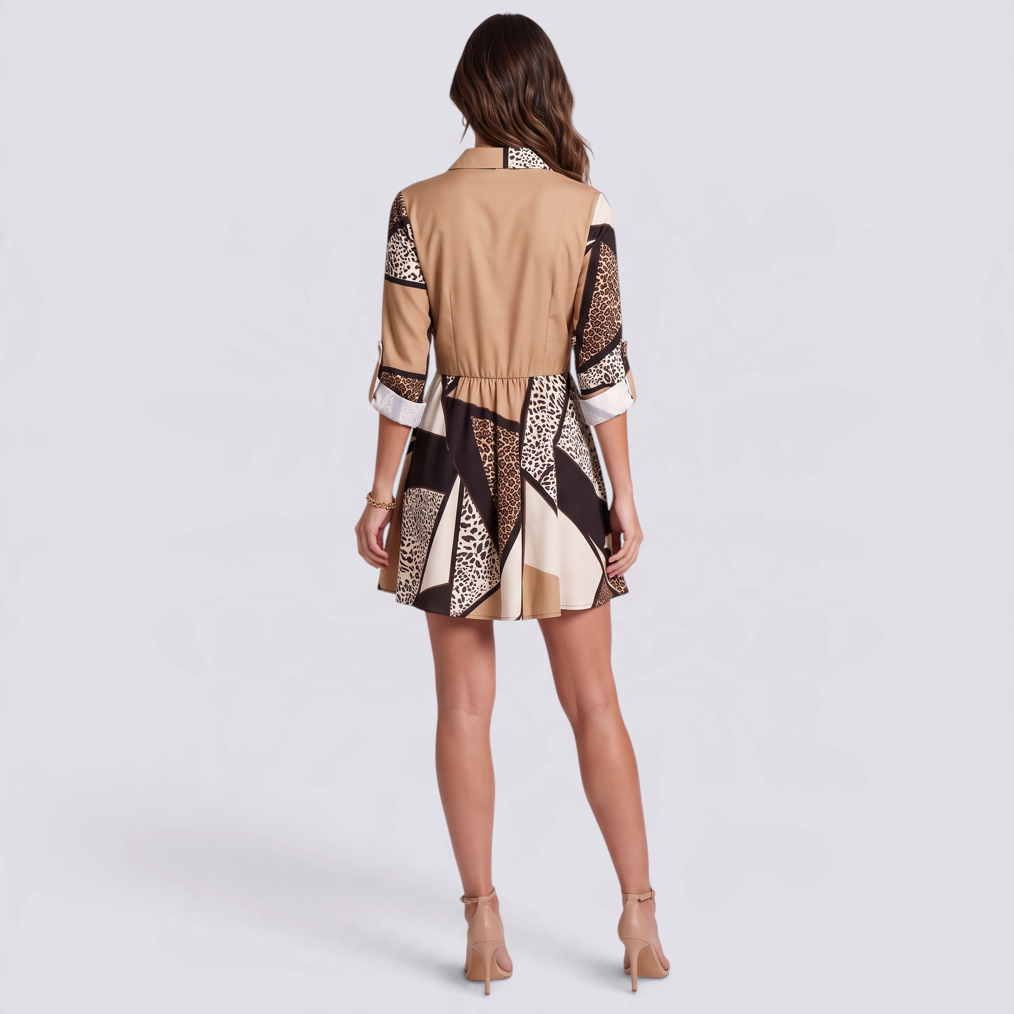 Vestido camisero corto de mujer estampado patchwork, vista trasera