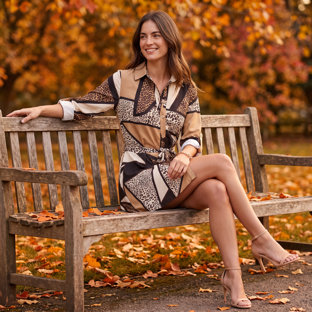 Mujer con vestido camisero corto estampado patchwork sentada en un banco de parque en otoño
