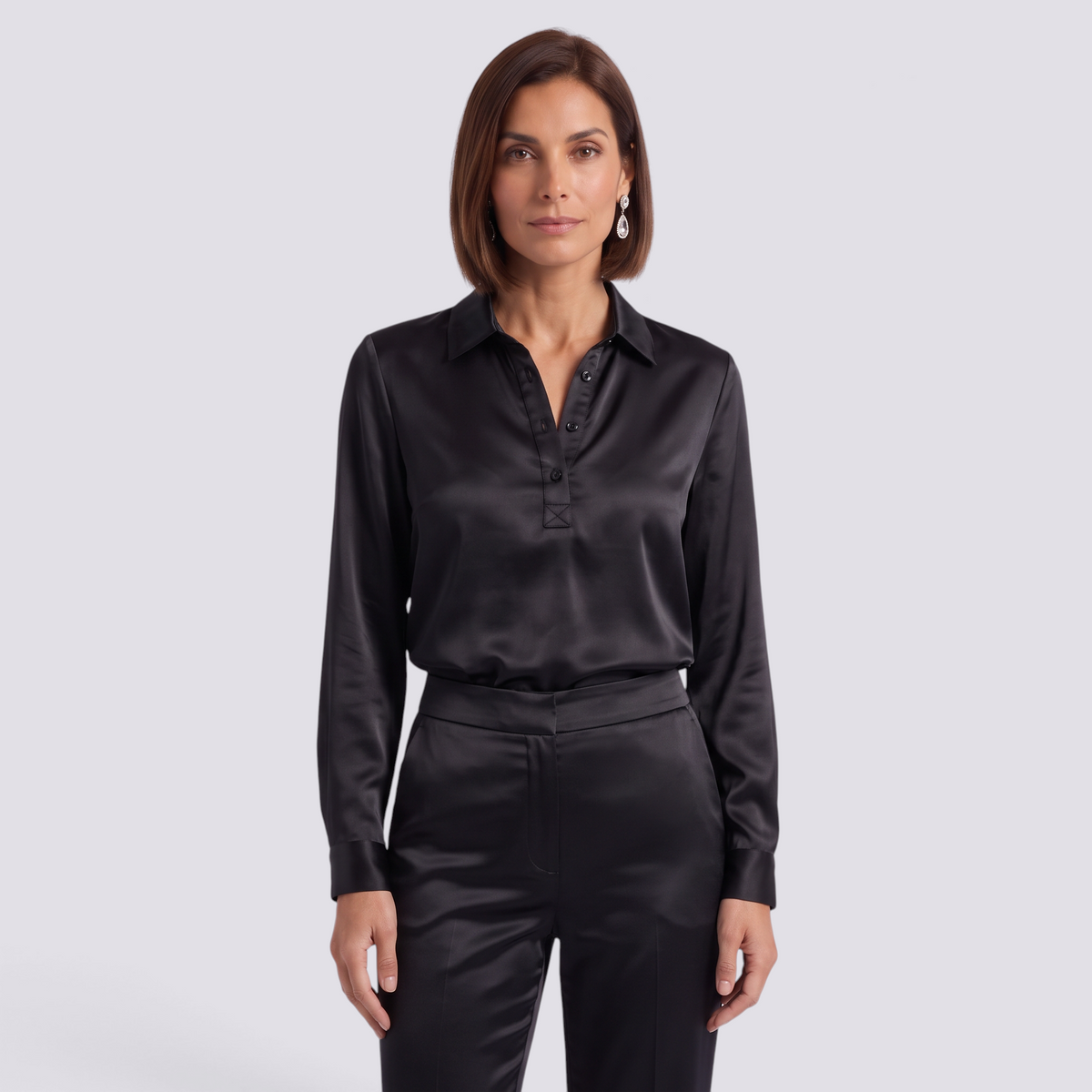 Blusa Satinada Mujer Cuello V - Negro - Frente