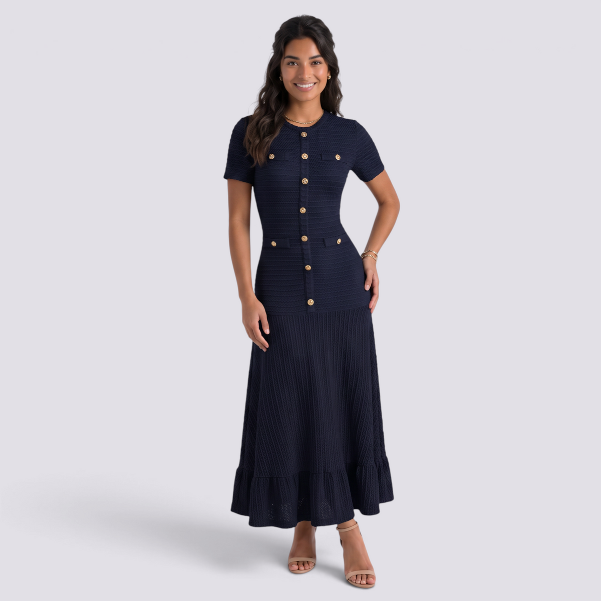 Vestido Punto Mujer Botones Dorados - Azul marino - Frontal