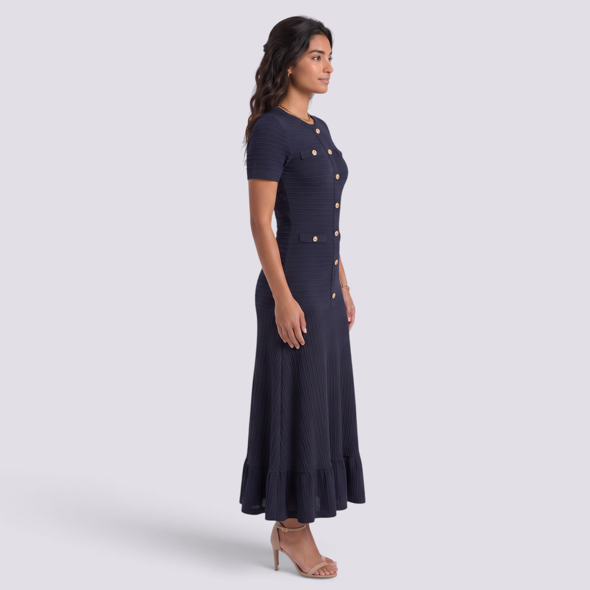 Vestido Punto Mujer Botones Dorados - Azul marino - Lateral