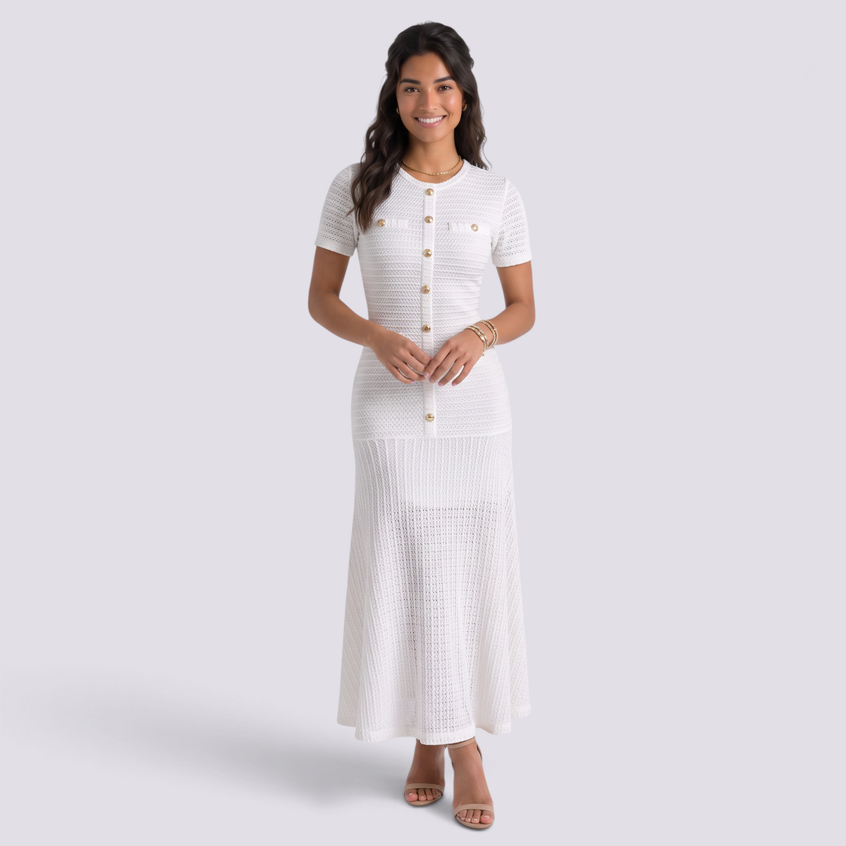 Vestido Punto Mujer Botones Dorados - Blanco - Frontal