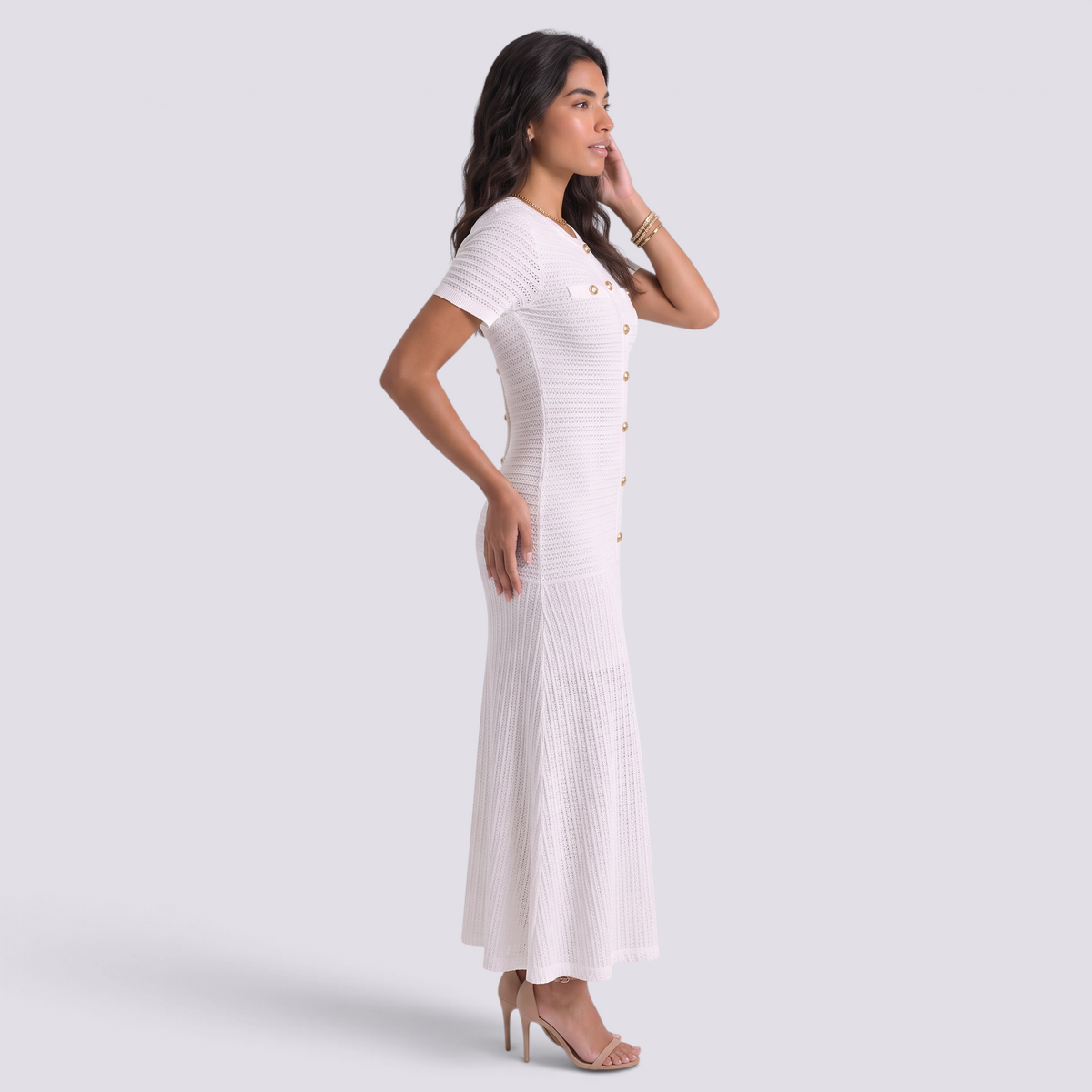 Vestido Punto Mujer Botones Dorados - Blanco - Lateral