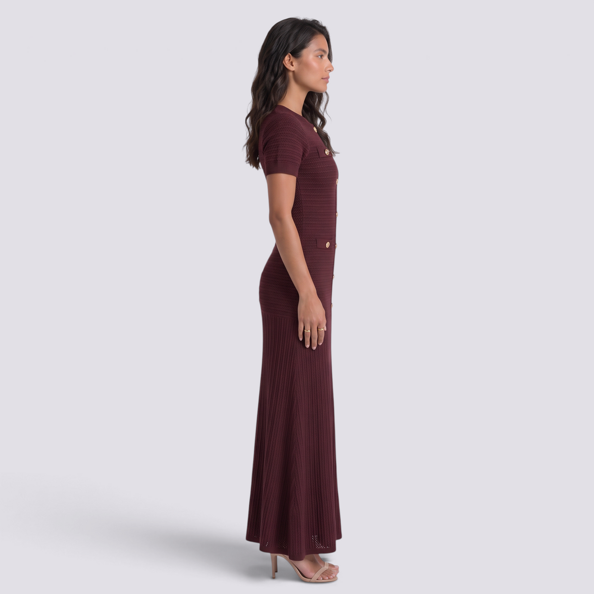 Vestido Punto Mujer Botones Dorados - Burdeos - Lateral