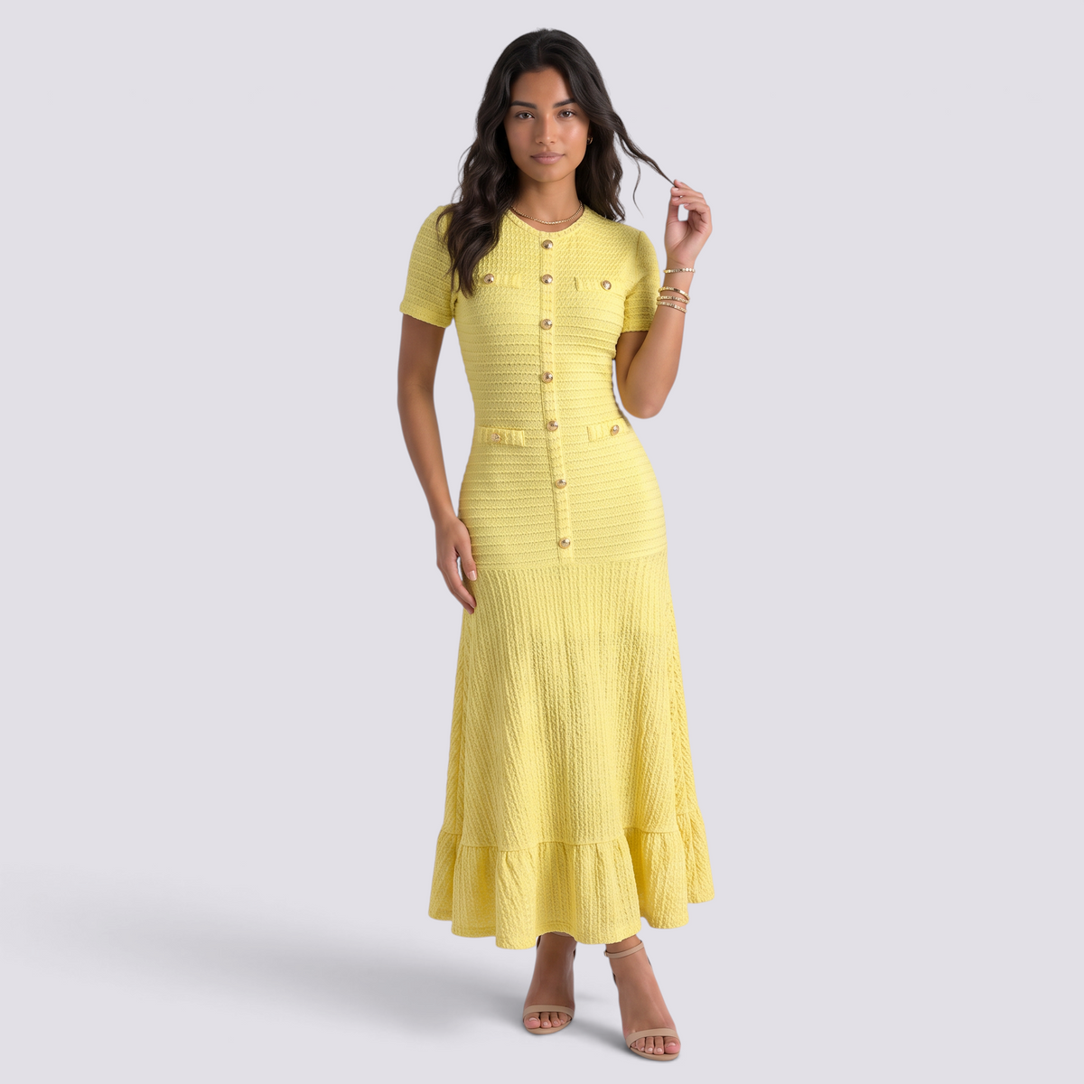 Vestido Punto Mujer Botones Dorados - Amarillo - Frontal