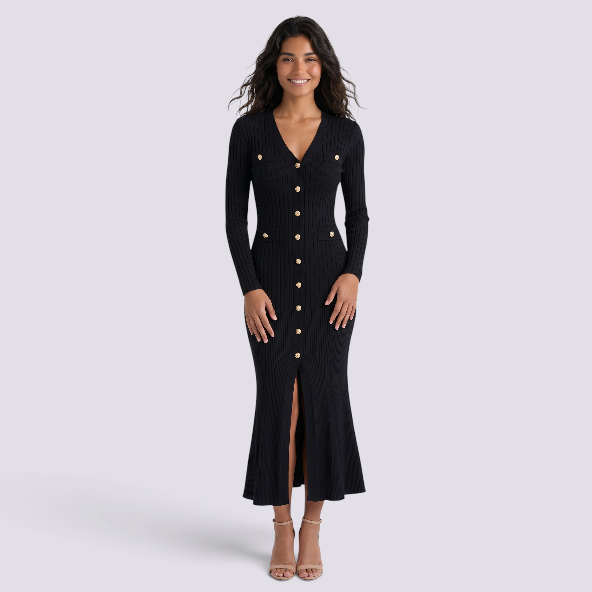 Vestido Punto Mujer Sirena Abertura - Negro - Frontal