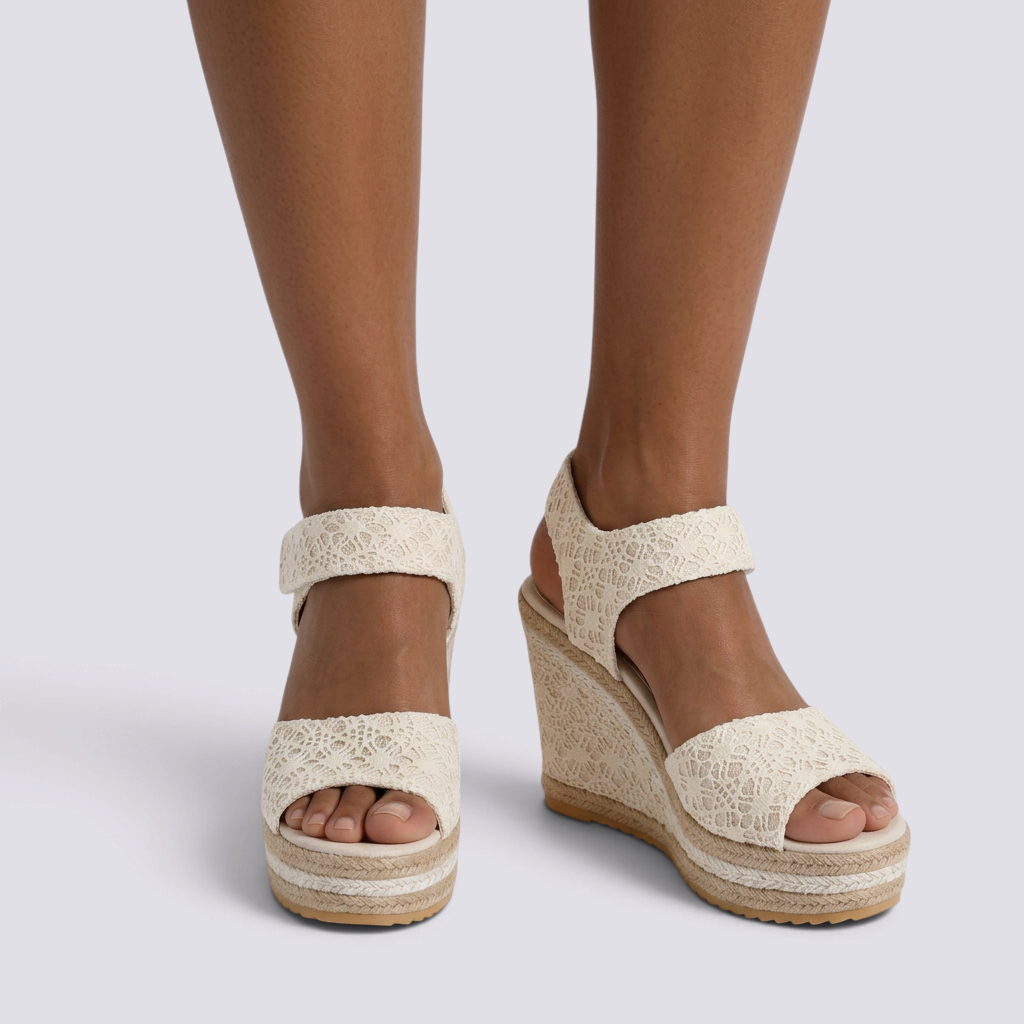 Sandalias mujer cuña alta efecto encaje en Blanco, vista frontal