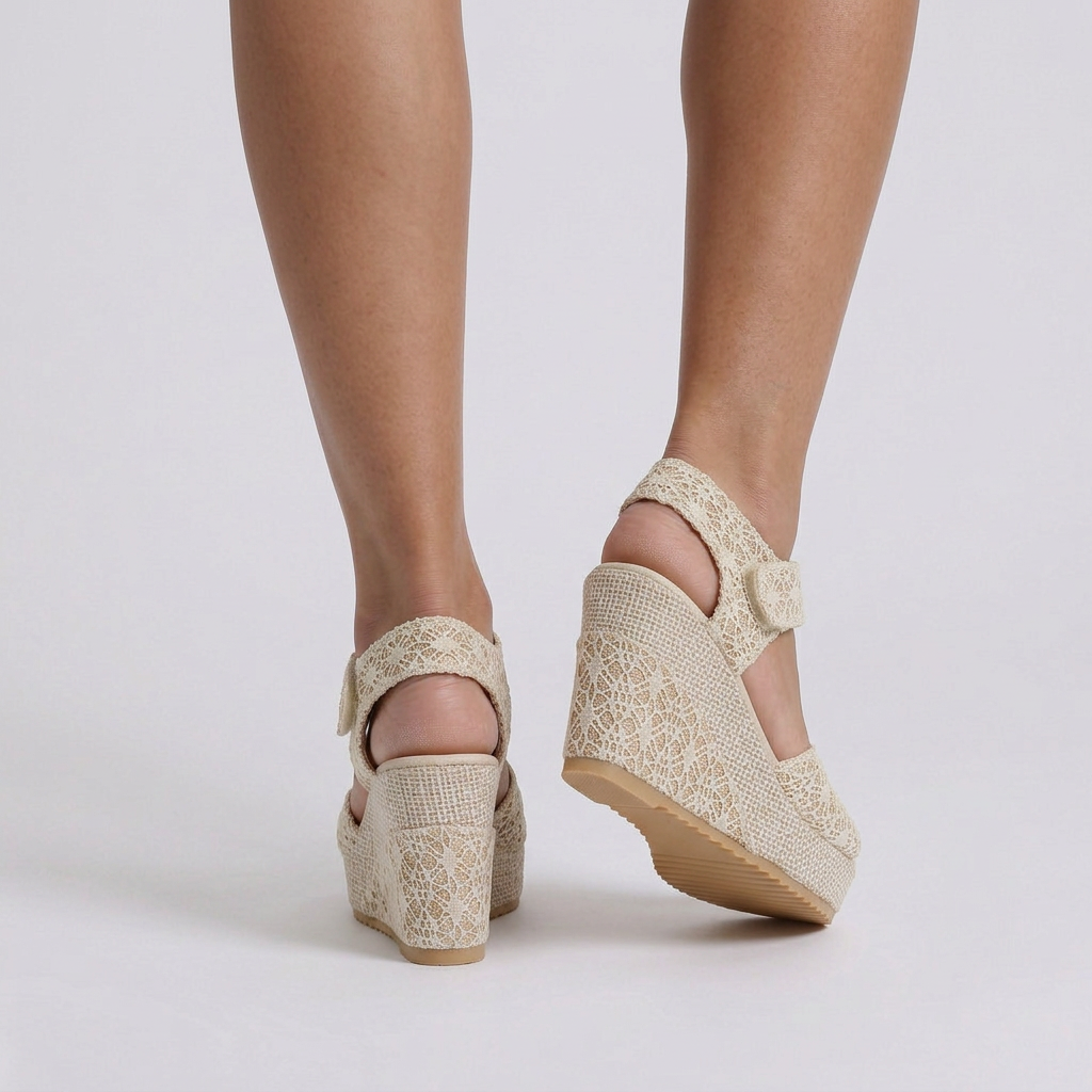Sandalias mujer cuña alta efecto encaje en Blanco, vista trasera