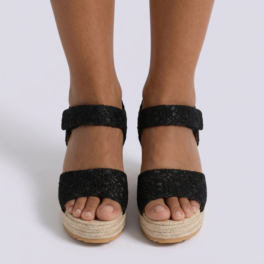 Sandalias mujer cuña alta efecto encaje en Negro, vista frontal